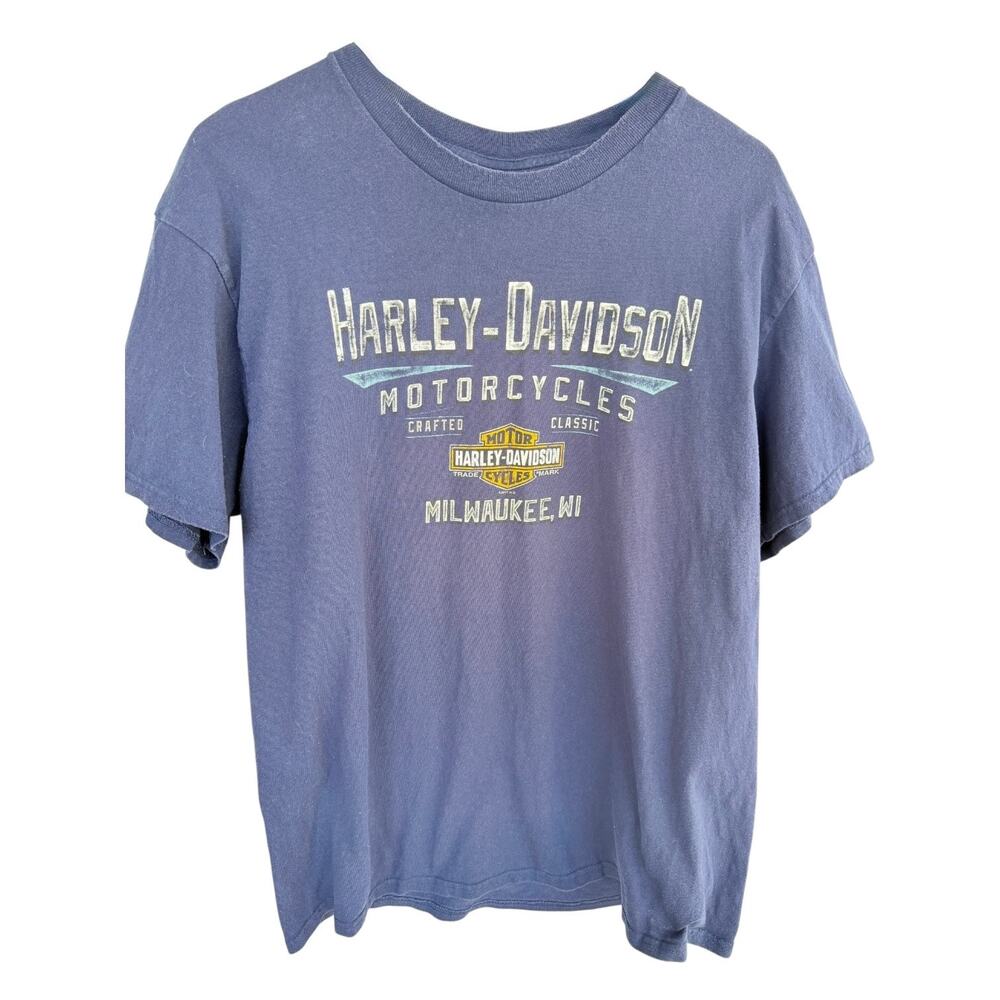 Harley Davidson T Shirt Mens L Blue Milwaukee WI Graphic Motorcycle Short Sleeve